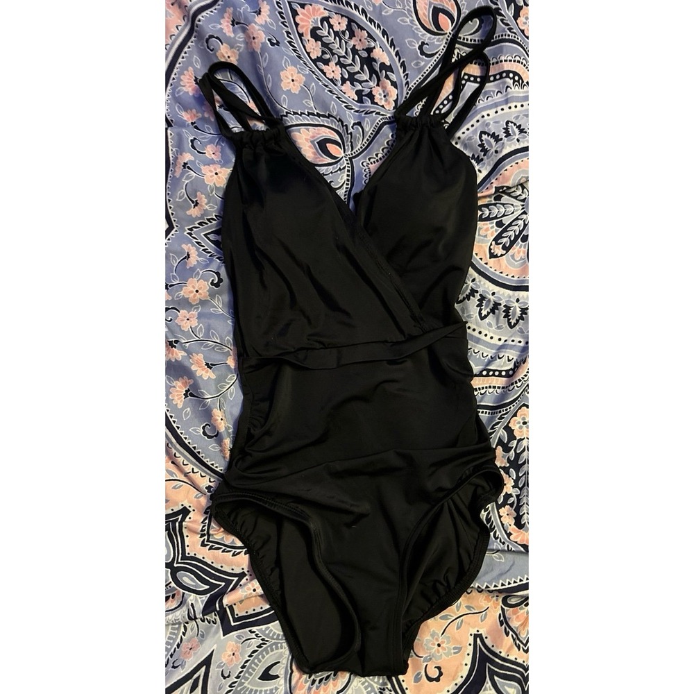 Coastal Blue Women's Black Tummy Control V Neck One Piece Swimsuit, XS